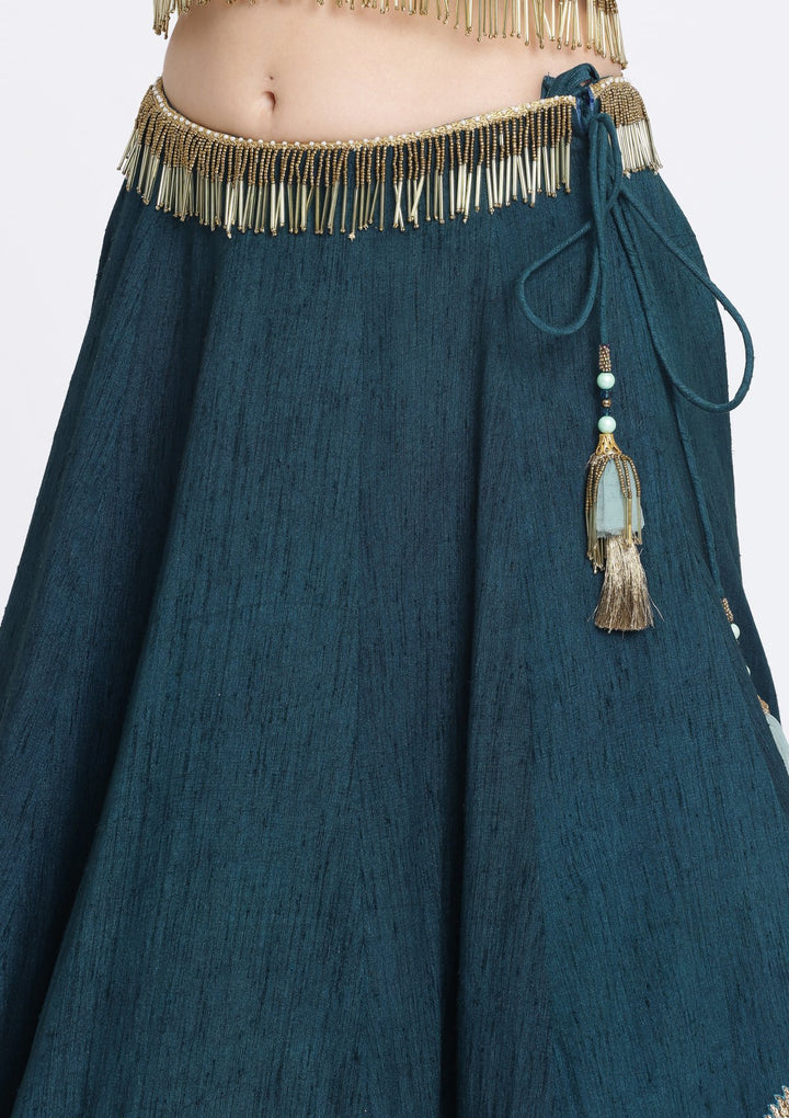 Peacock Blue Zariwork Raw Silk Designer Lehenga-Koskii