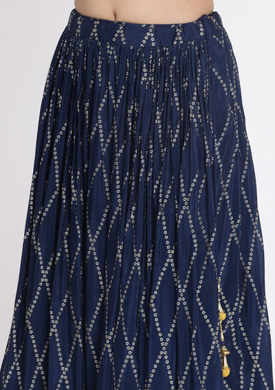 Navy Blue And Yellow Mirrorwork Satin Designer Lehenga - koskii