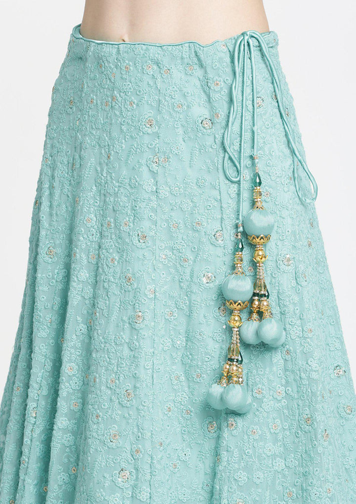 Sea Green Threadwork Chiffon Designer Lehenga-Koskii