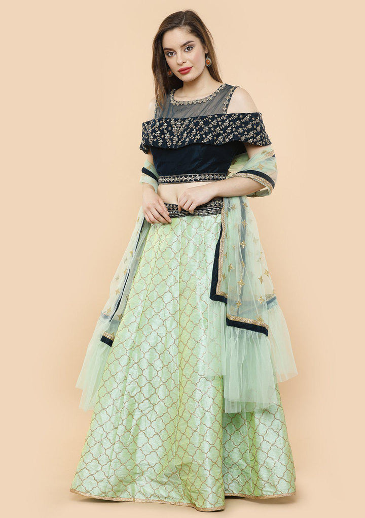 koskii green and blue velvet lehenga-Koskii