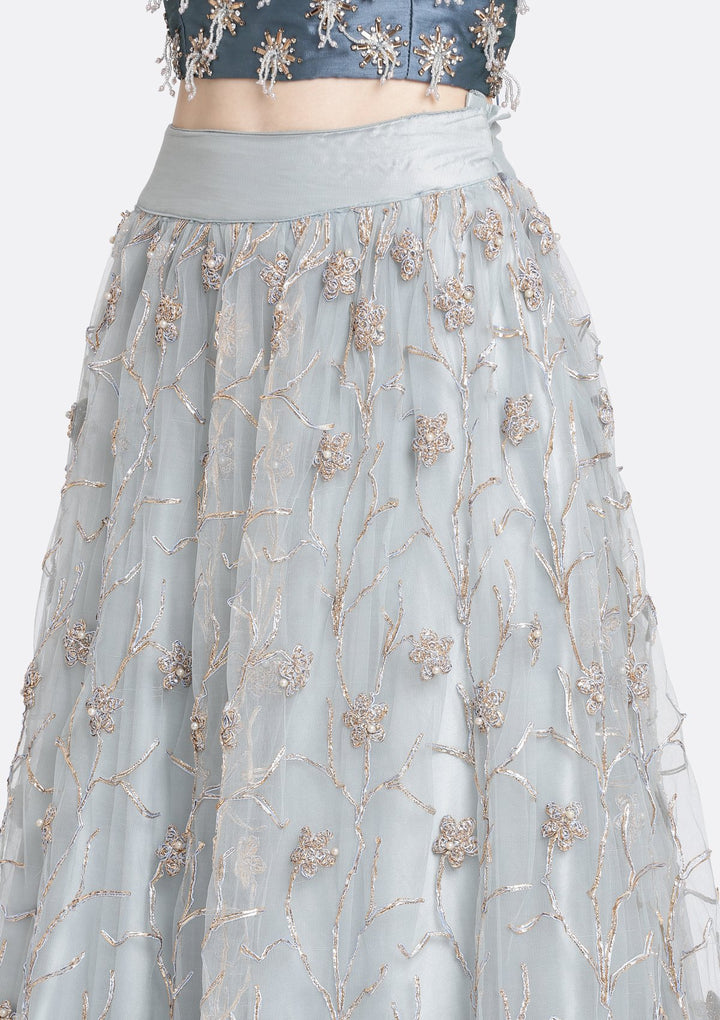 Light Grey Stonework Net Designer Lehenga-Koskii
