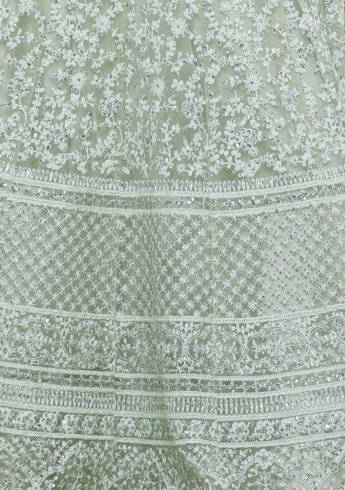Mint Green Threadwork Silk Designer Lehenga-Koskii