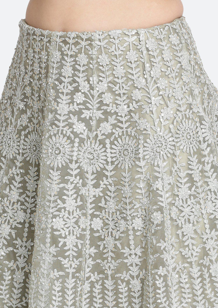 Light Olive Green Zariwork Net Designer Lehenga-Koskii