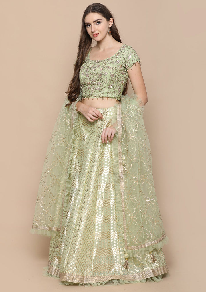 Pista Green Gotta Pathi Silk Designer Lehenga-Koskii