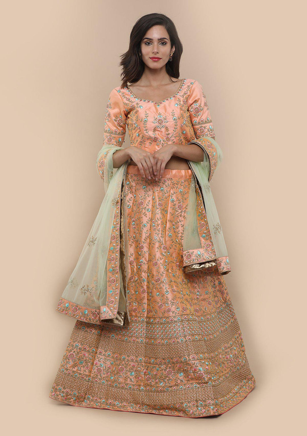 KOSKIII PEACH FLORAL WORK BRIDAL LEHENGA-Koskii