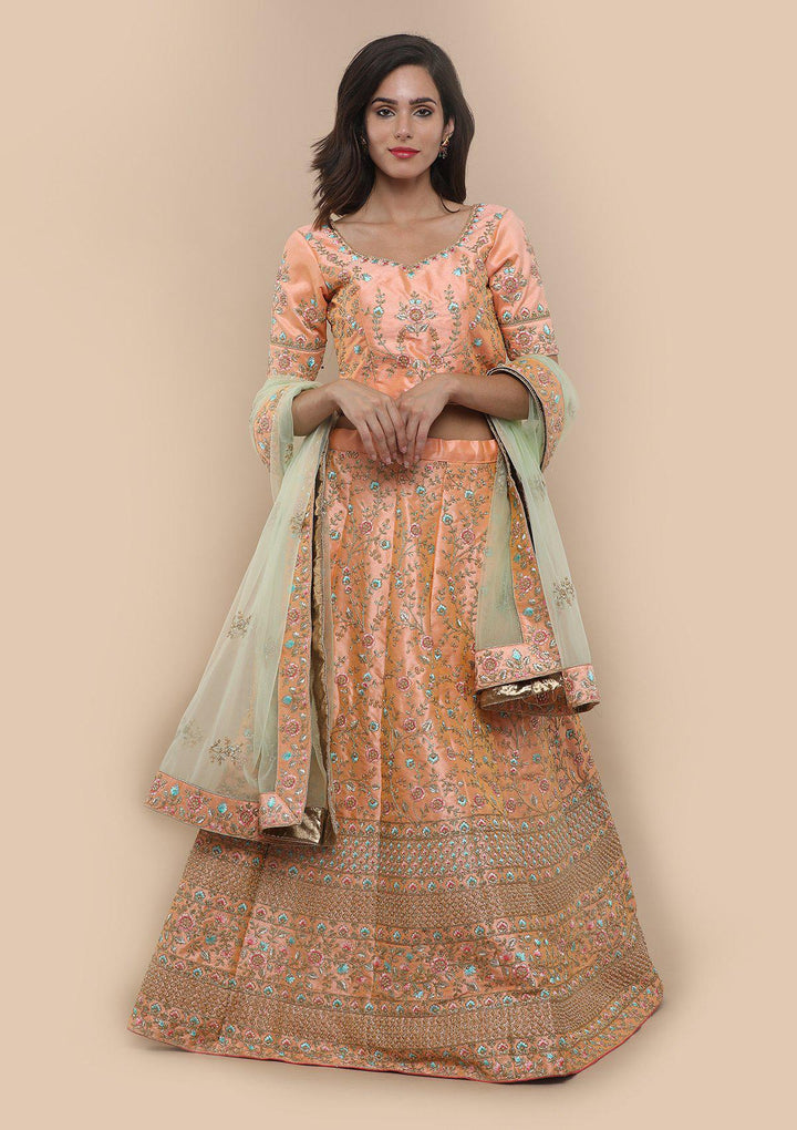 KOSKIII PEACH FLORAL WORK BRIDAL LEHENGA-Koskii