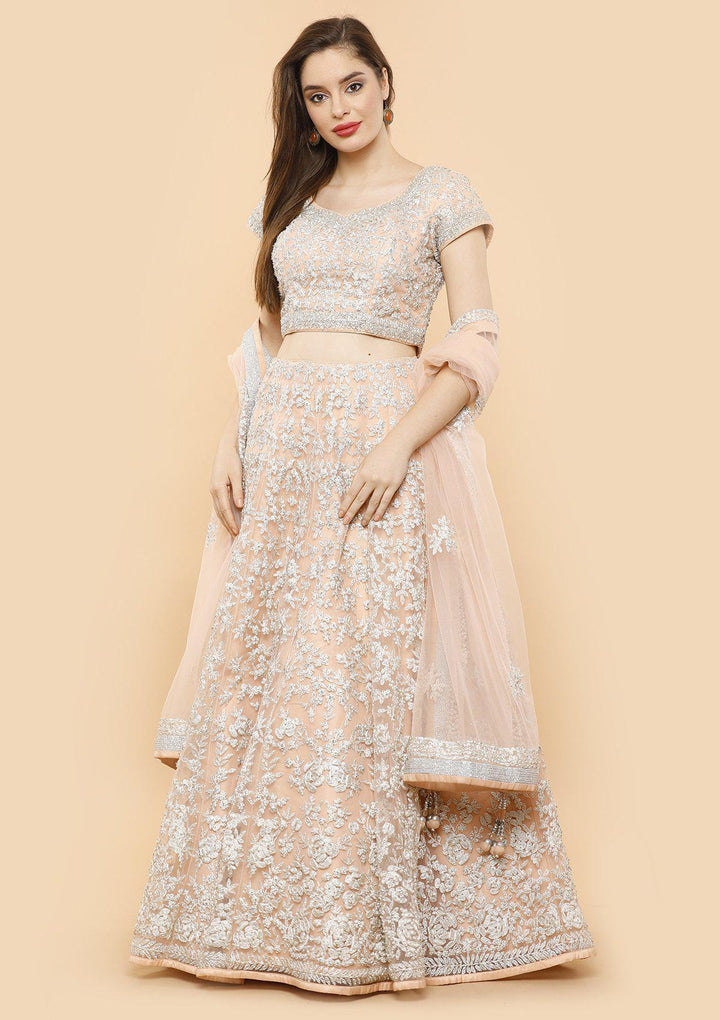 Peach Thread Work Net Designer Lehenga-Koskii
