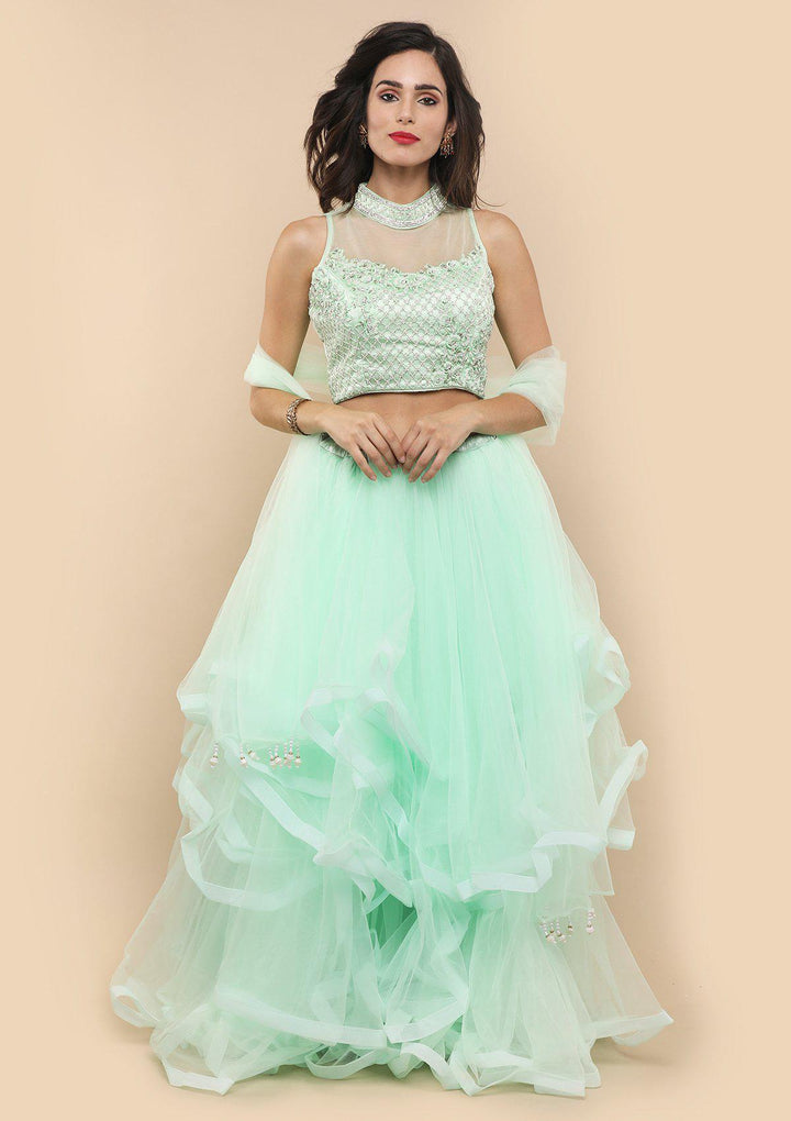 Pista Embellished Tiered Net Designer Lehenga-Koskii