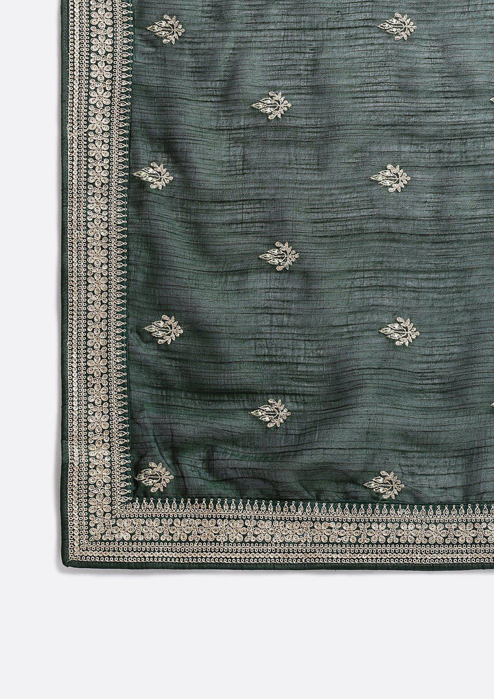 Bottle Green Zariwork Raw Silk Designer Gown-Koskii