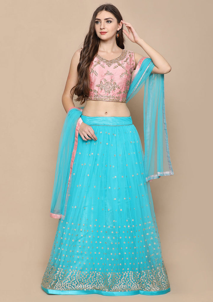 Sky Blue Stone Work Silk Designer Lehenga-Koskii
