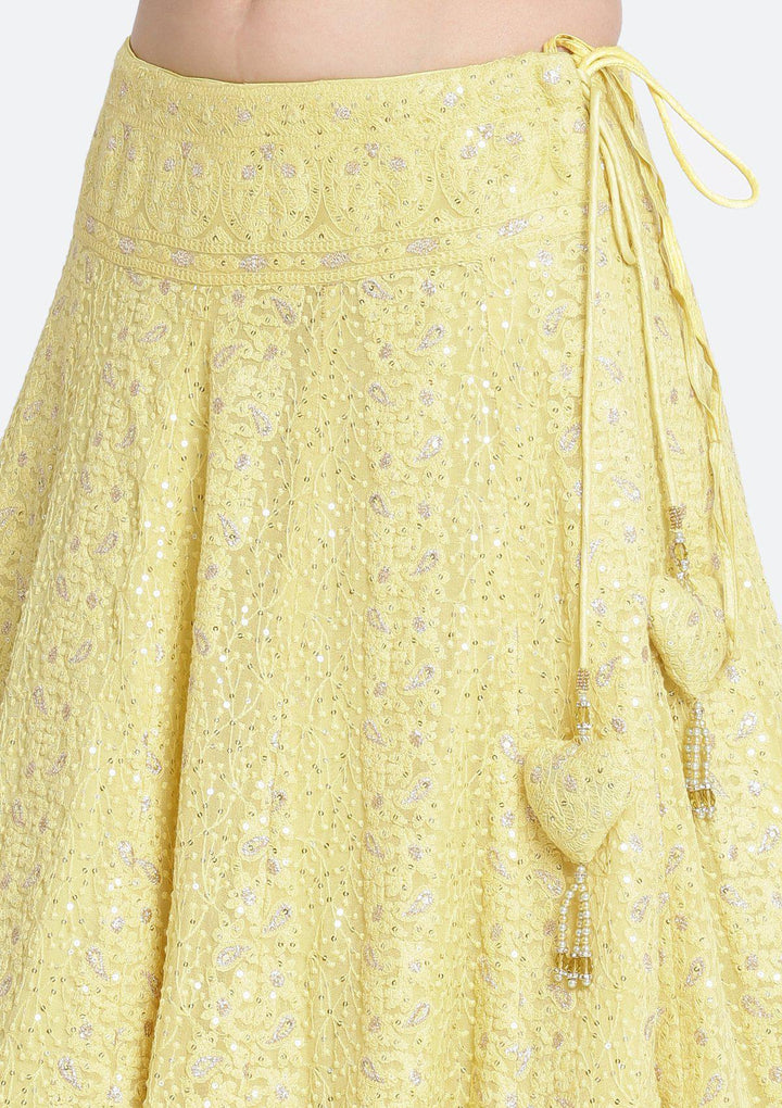Yellow and Sea Green Chikankari Georgette Designer Lehenga-Koskii
