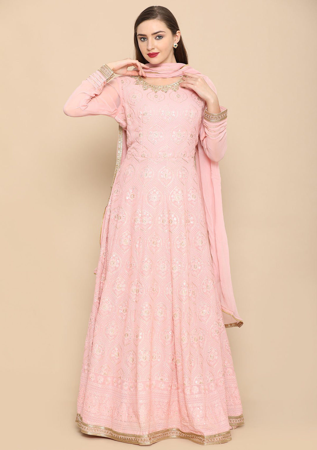 Baby Pink Zari Work Georgette Designer Gown-Koskii
