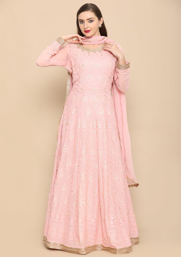 Baby Pink Zari Work Georgette Designer Gown-Koskii