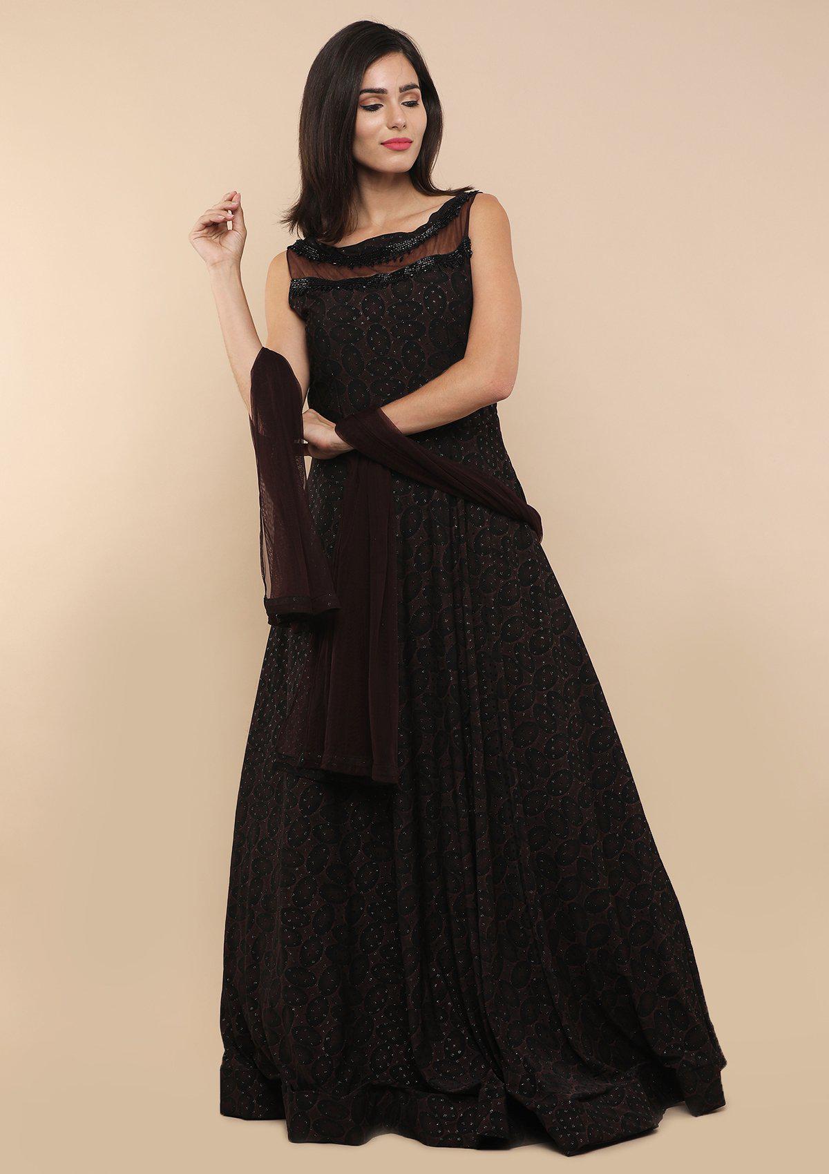 Brown Sheer Net Designer Gown-Koskii