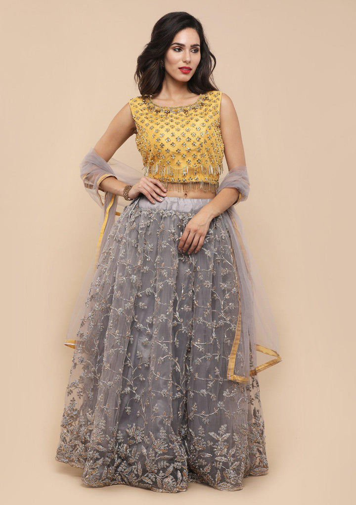 Yellow and Grey Net Designer Lehenga-Koskii