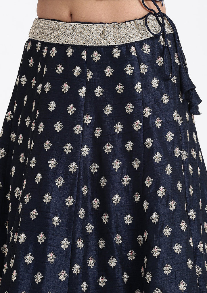 Navy Blue Zariwork Raw Silk Designer Lehenga-Koskii