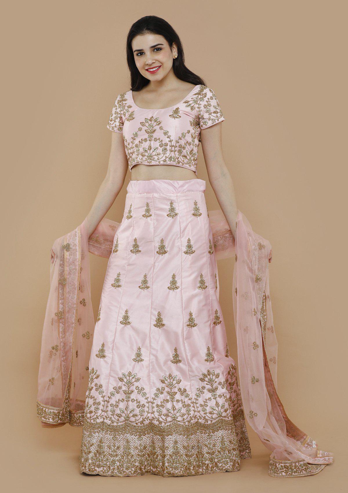 Pink Zari Work Silk Designer Lehenga-Koskii