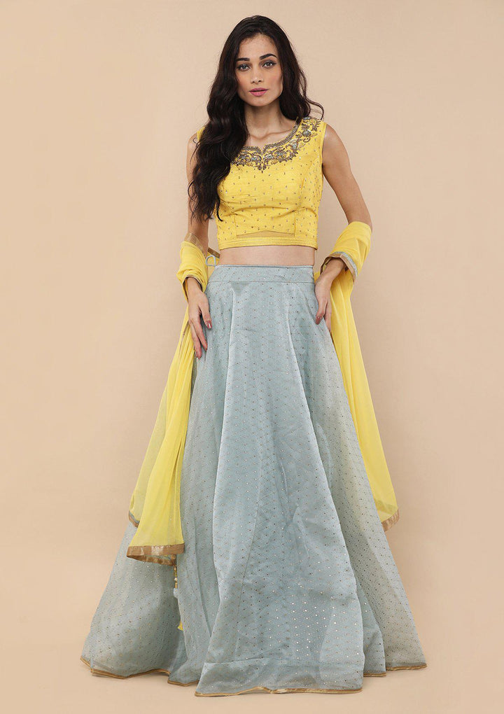 Teal Green Zari Work Silk Designer Lehenga-Koskii
