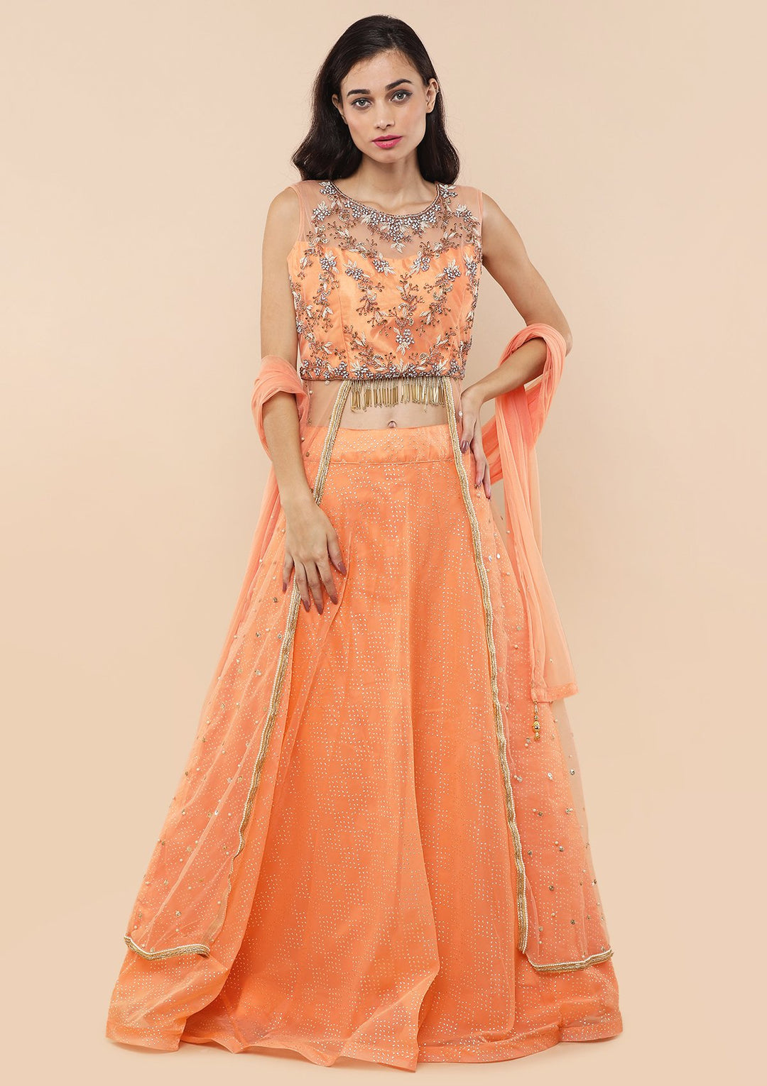Dark Peach Stone Work Tissue Designer Lehenga-Koskii