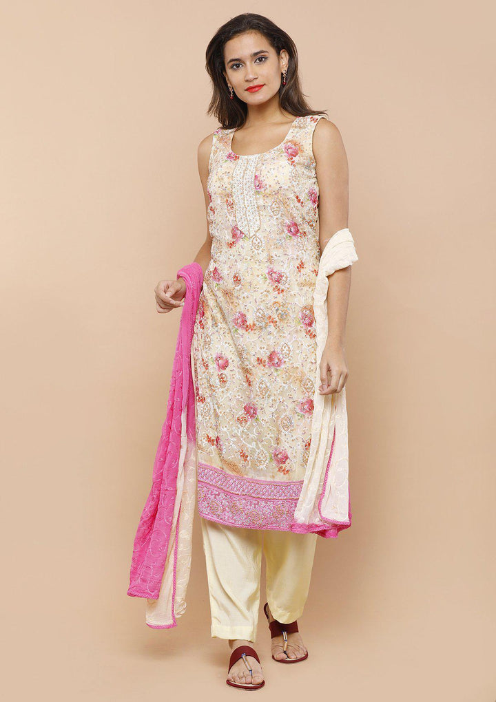 Cream and Pink Georgette Designer Salwar Suit-Koskii