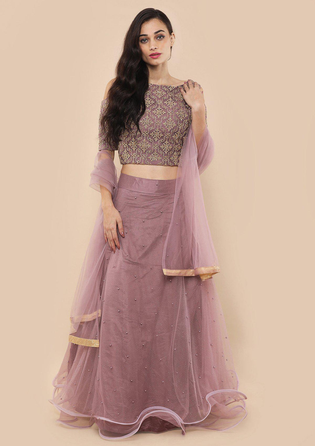 Lavender Pearl Studded Silk Designer Lehenga-Koskii
