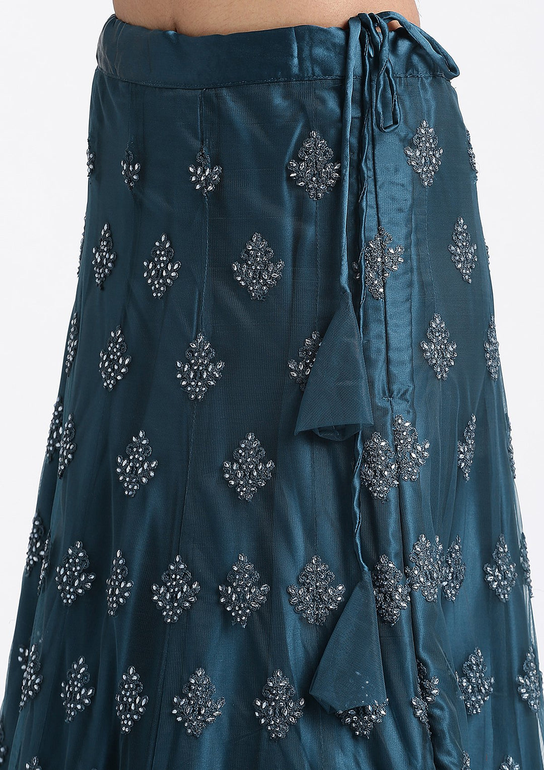 Peacock Blue Thread Work Net Designer Lehenga-Koskii