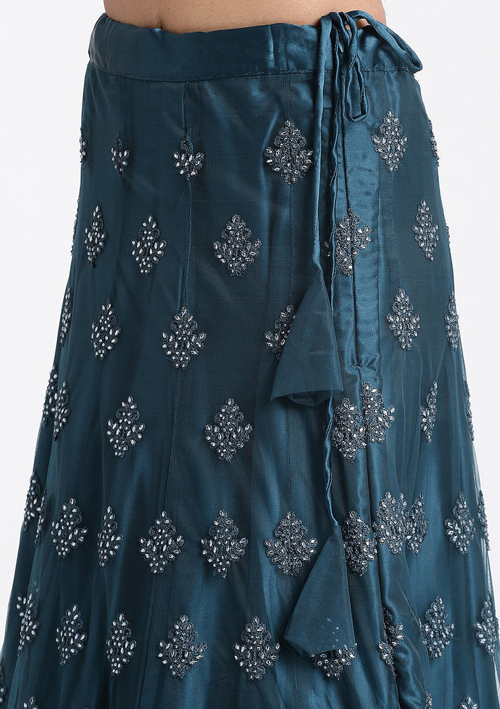 Peacock Blue Thread Work Net Designer Lehenga-Koskii