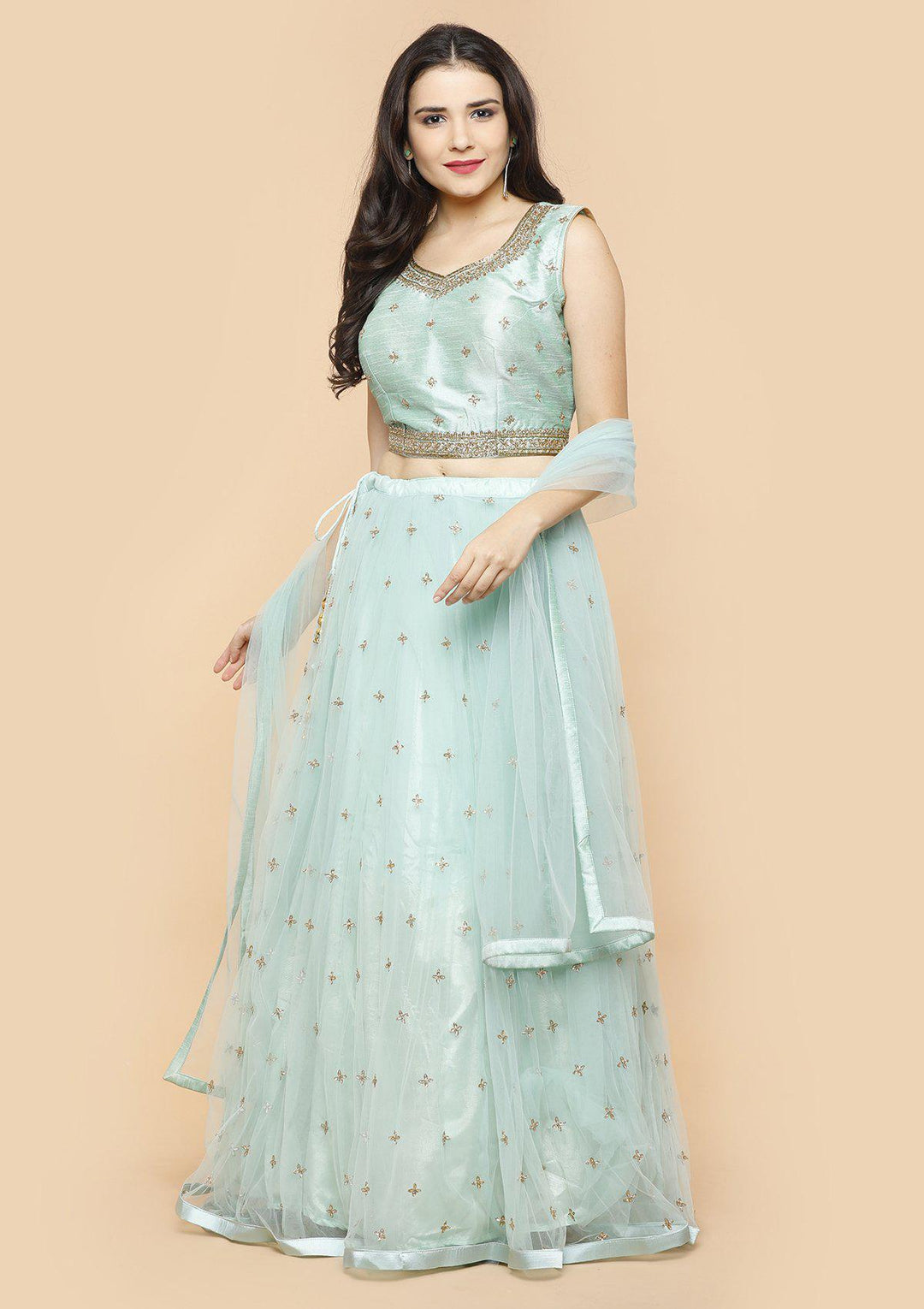 Sea Green Embellished Silk Designer Lehenga-Koskii