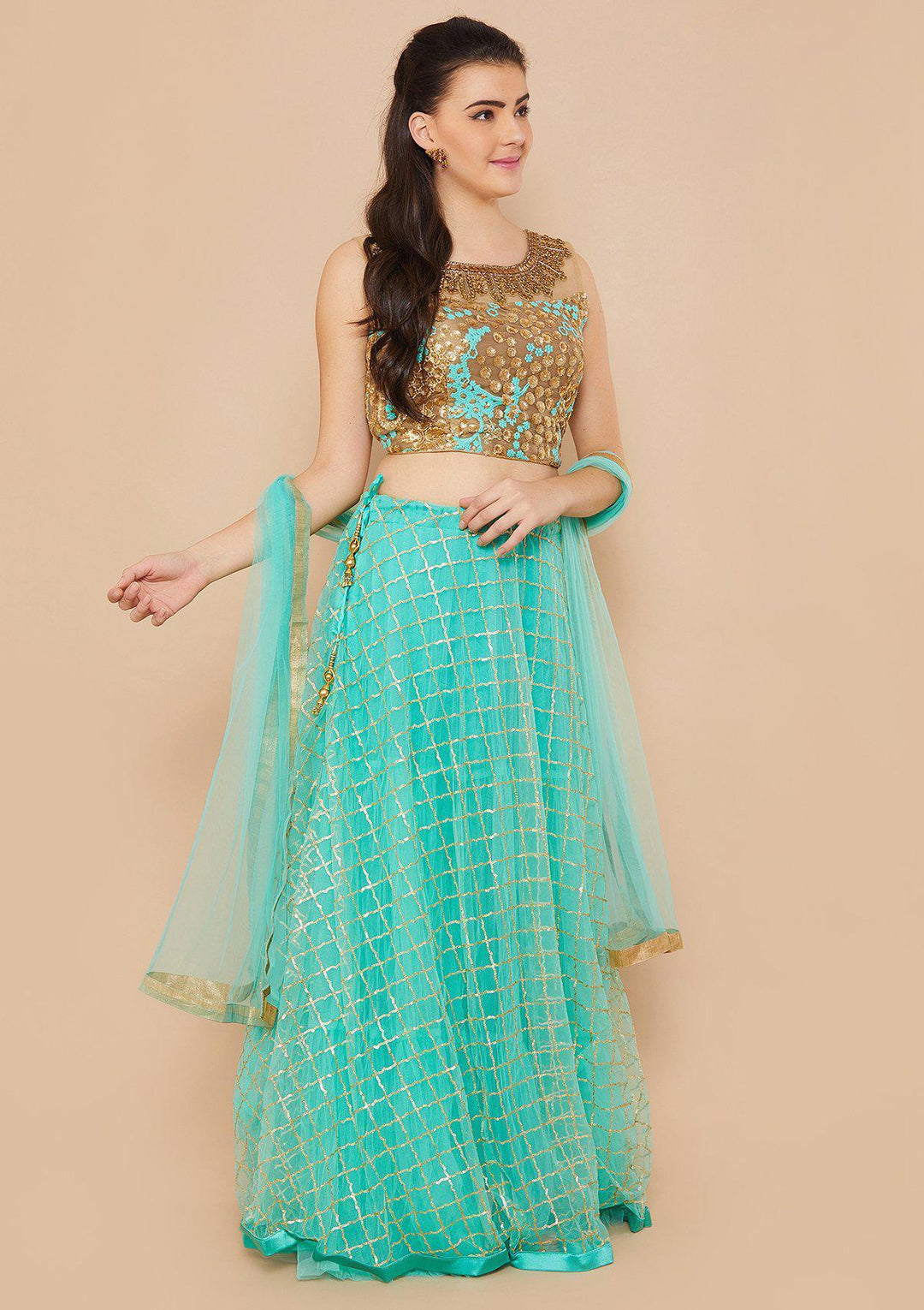 Sea Green Stonework Net Designer Lehenga-Koskii