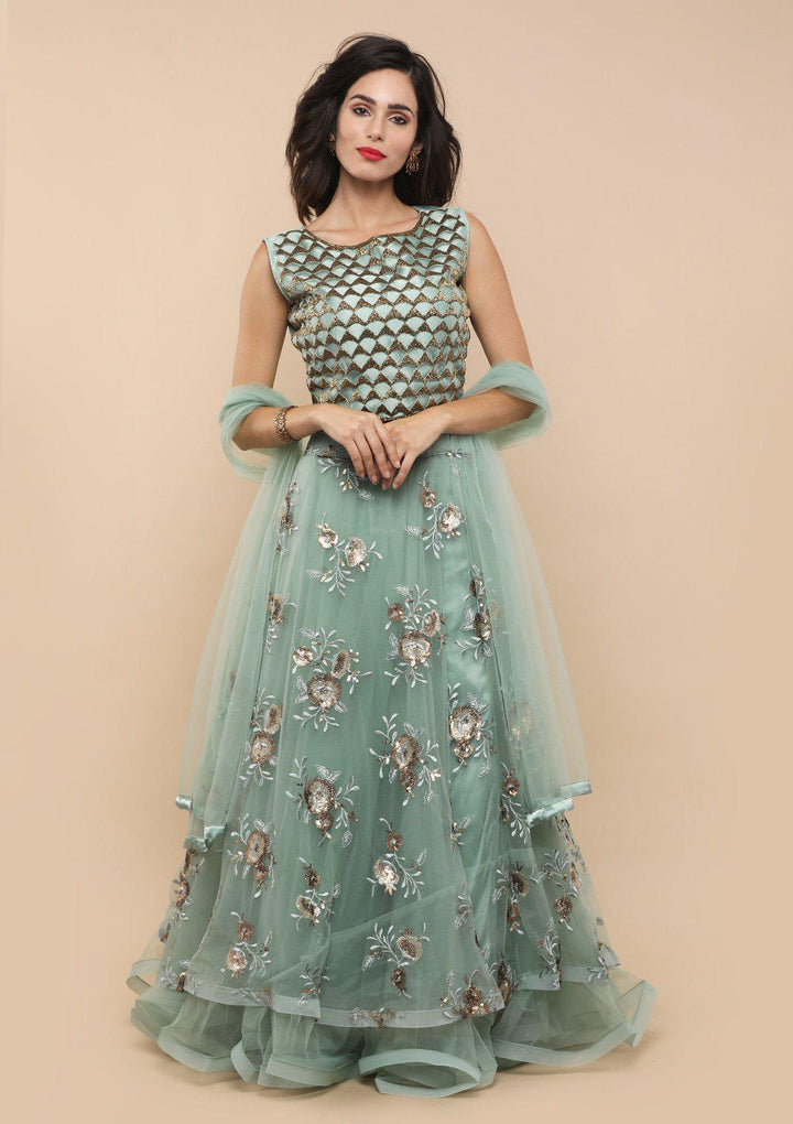 Sea Green Floral Net Designer Lehenga-Koskii