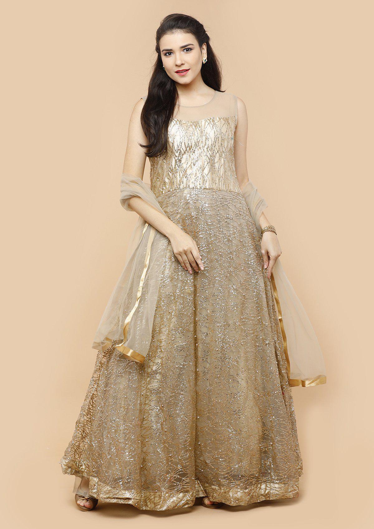 Glittering Gold Pearlwork Net Designer Gown-Koskii