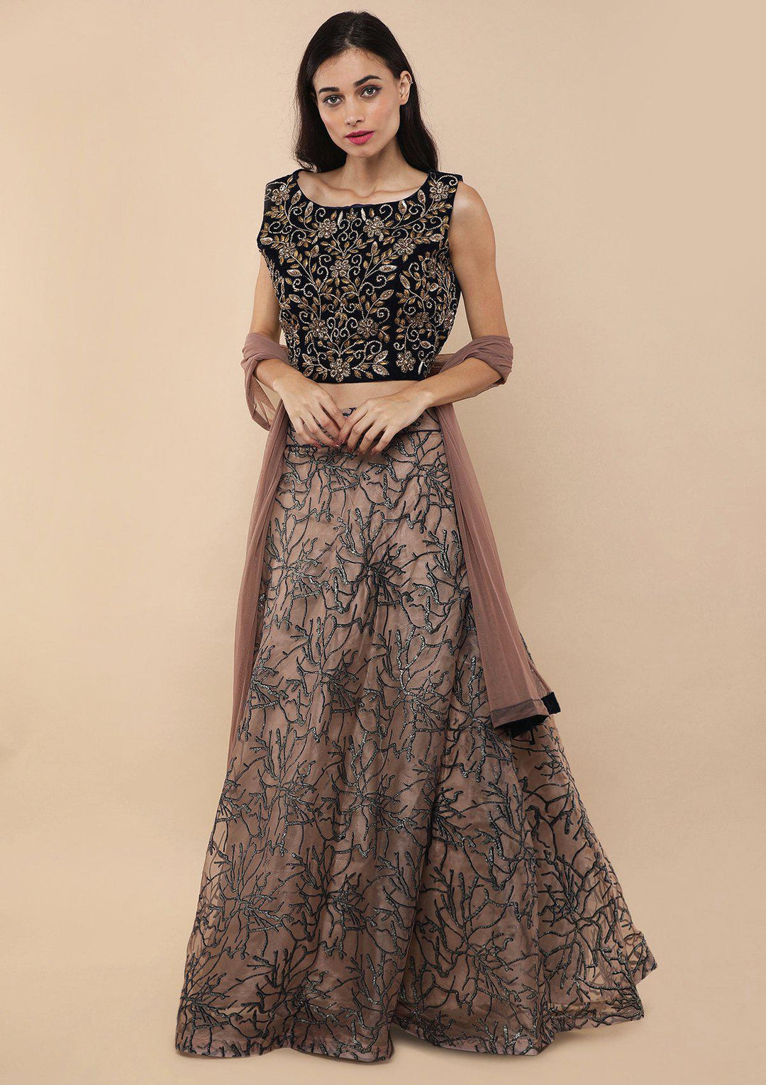 Beige Zardozi Work Velvet Designer Lehenga-Koskii