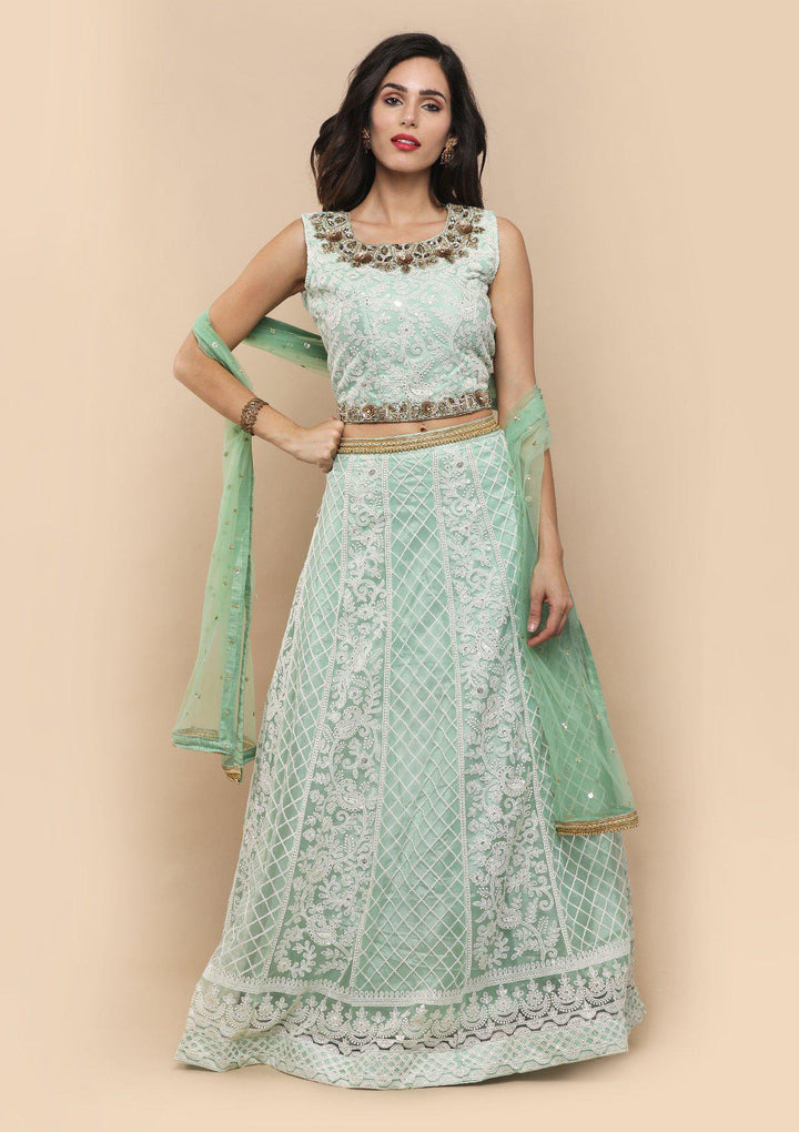 Green Thread Work Net Designer Lehenga-Koskii