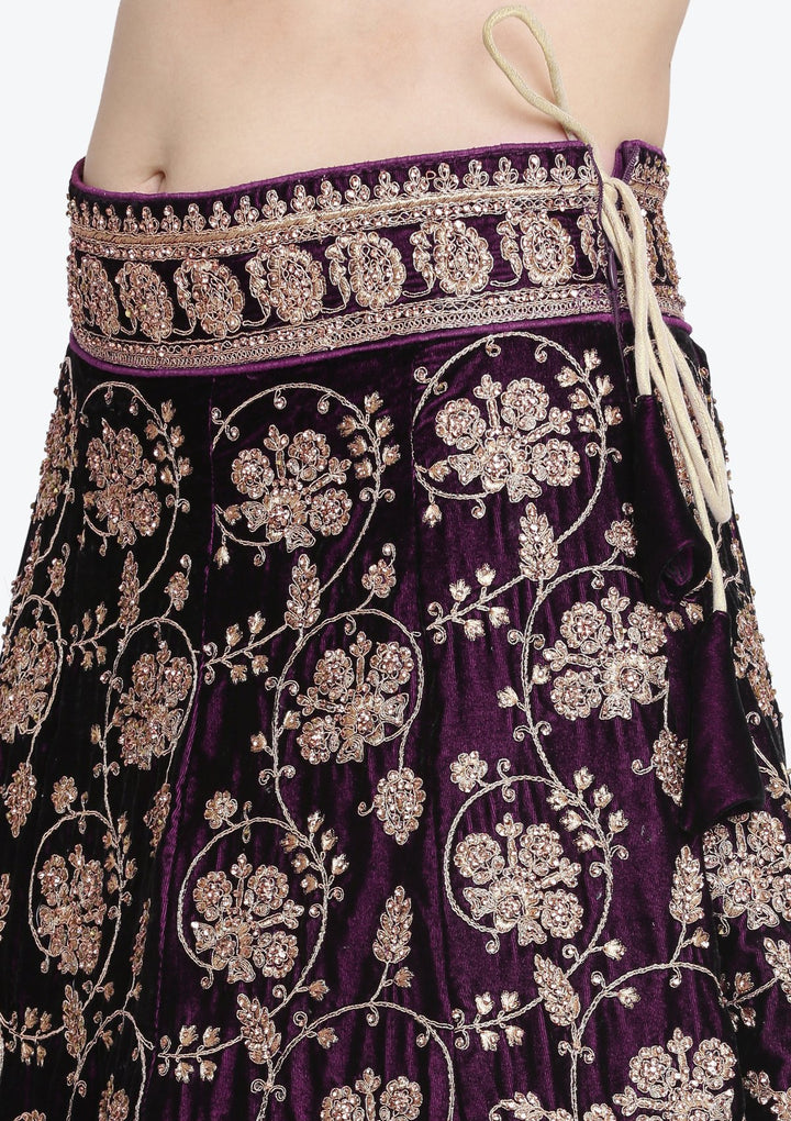 Wine Stonework Velvet Designer Lehenga-Koskii