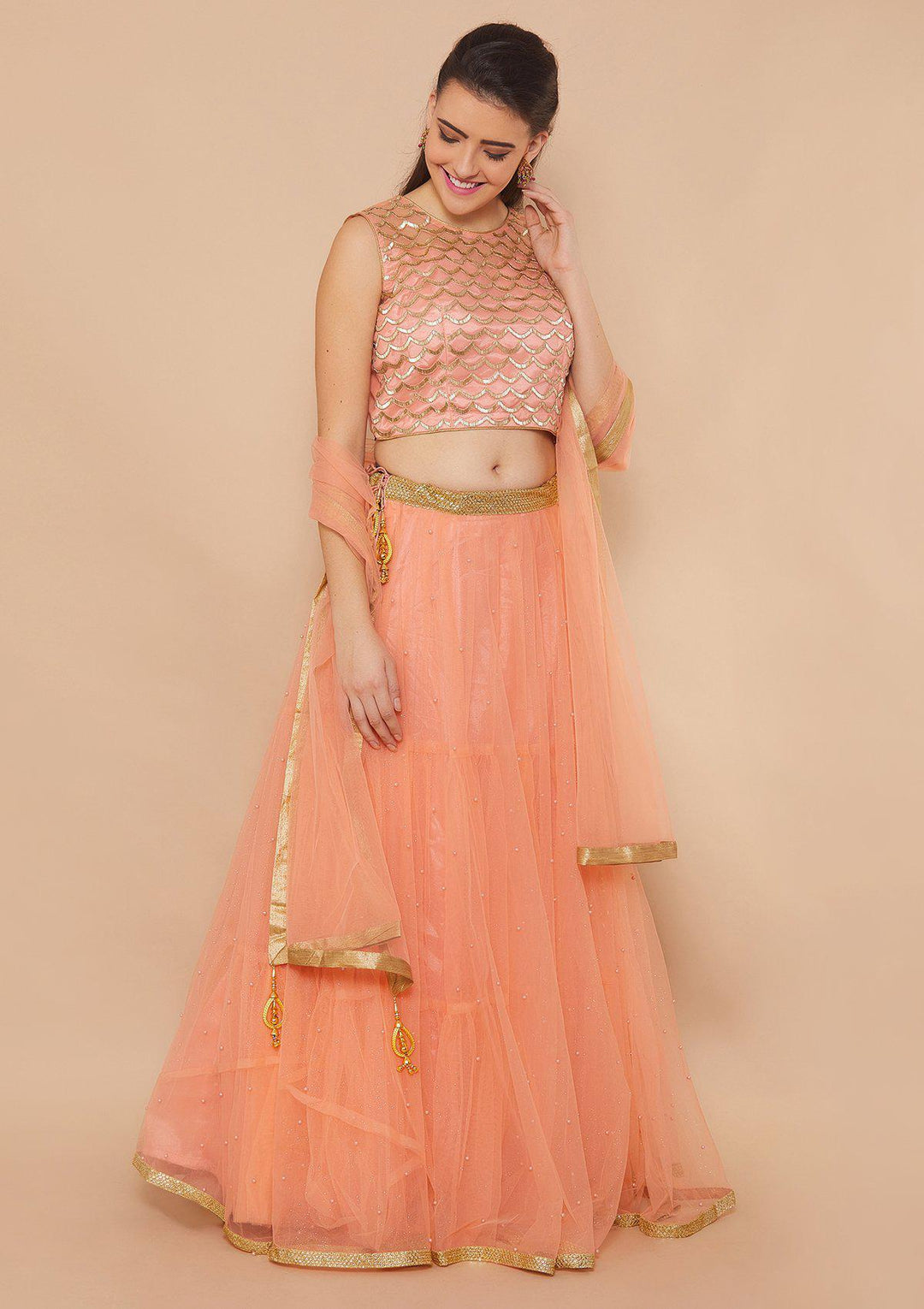 Peach Cutdana Soft-Net Designer Lehenga-Koskii