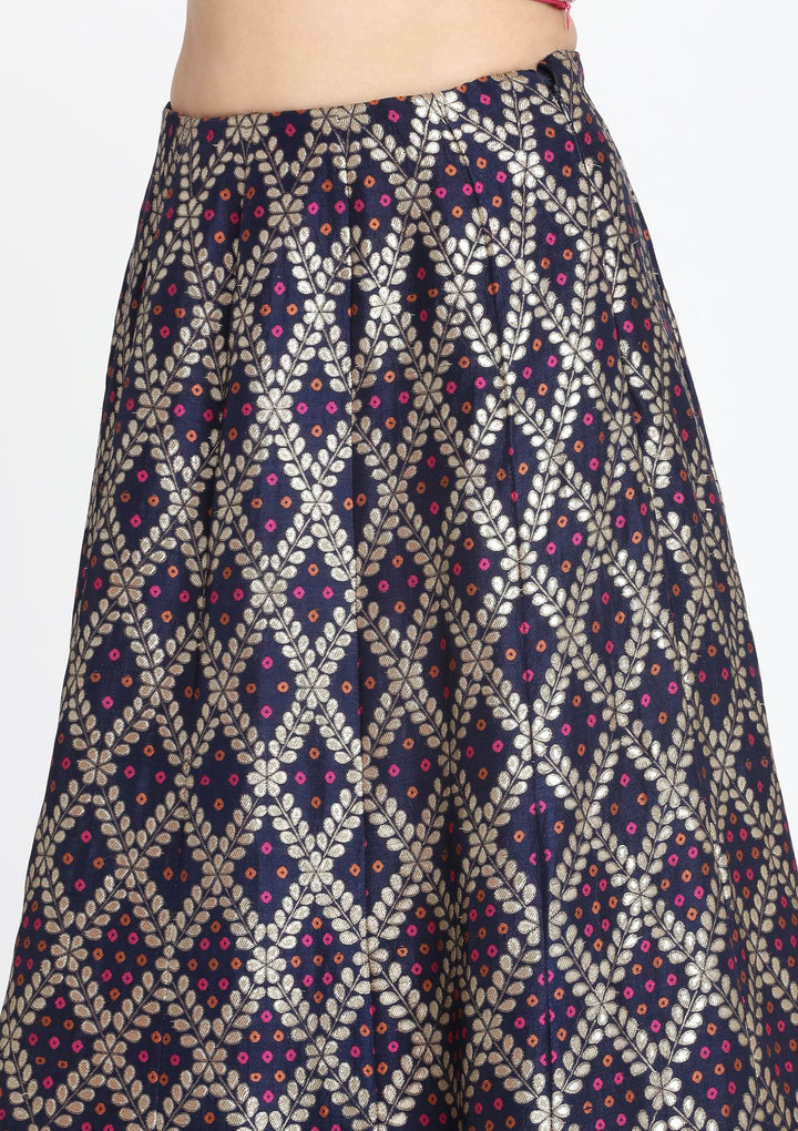 Navy Blue and Fuschia Gotapatti Brocade Designer Lehenga-Koskii