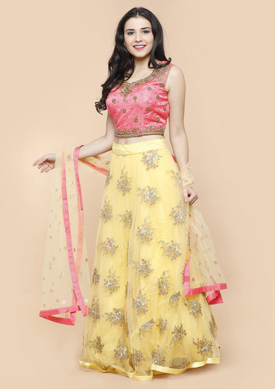 Yellow and Pink Sequinned Net Designer Lehenga-Koskii