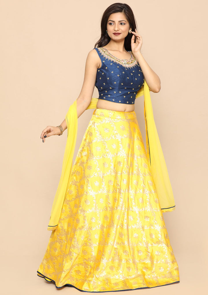 Yellow Mirror Work Silk Designer Lehenga-Koskii
