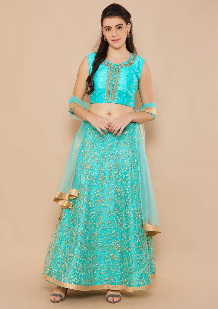 Cyan Sequinned Net Designer Lehenga-Koskii