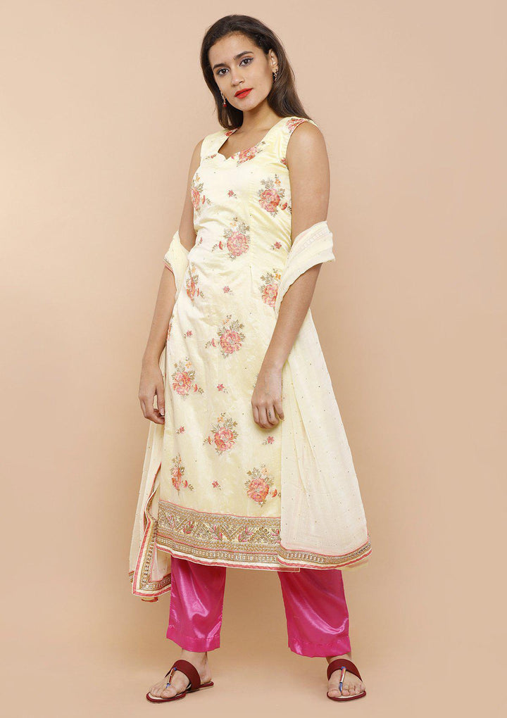 Yellow and Pink Floral Designer Salwar Suit-Koskii