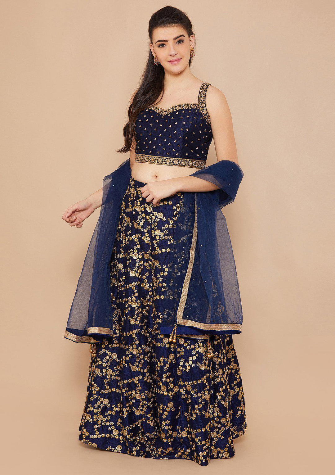 Koskii Stonework Rawsilk Blue Lehenga-Koskii
