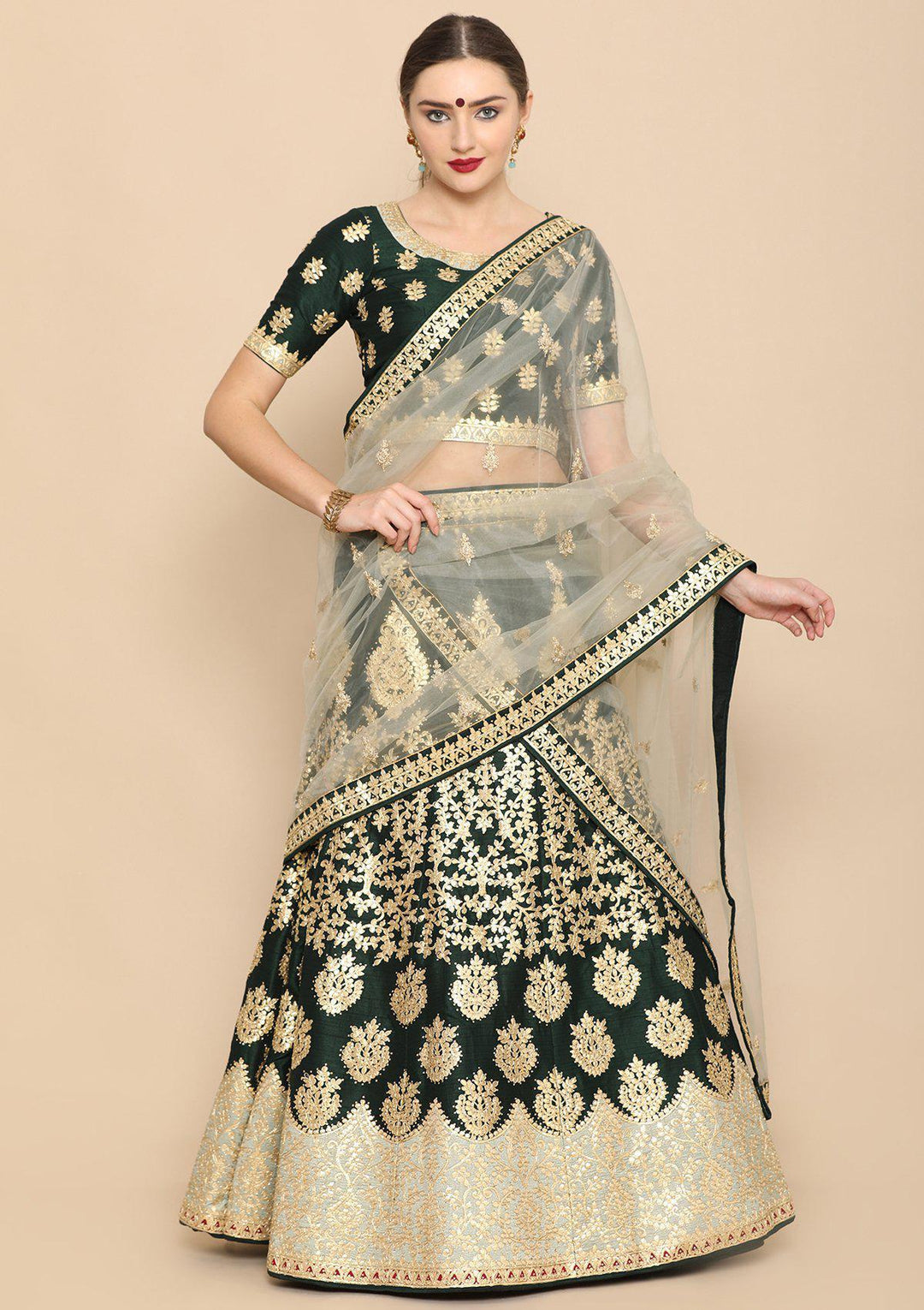 Bottle Green Gota Patti Net Designer Lehenga-Koskii