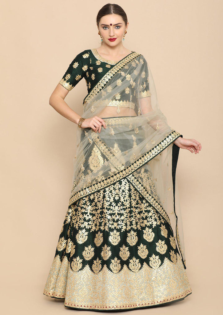 Bottle Green Gota Patti Net Designer Lehenga-Koskii