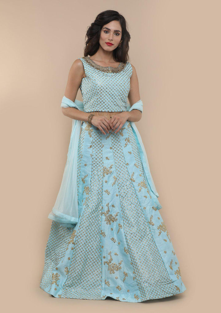 Blue Sequinned Raw Silk Designer Lehenga-Koskii
