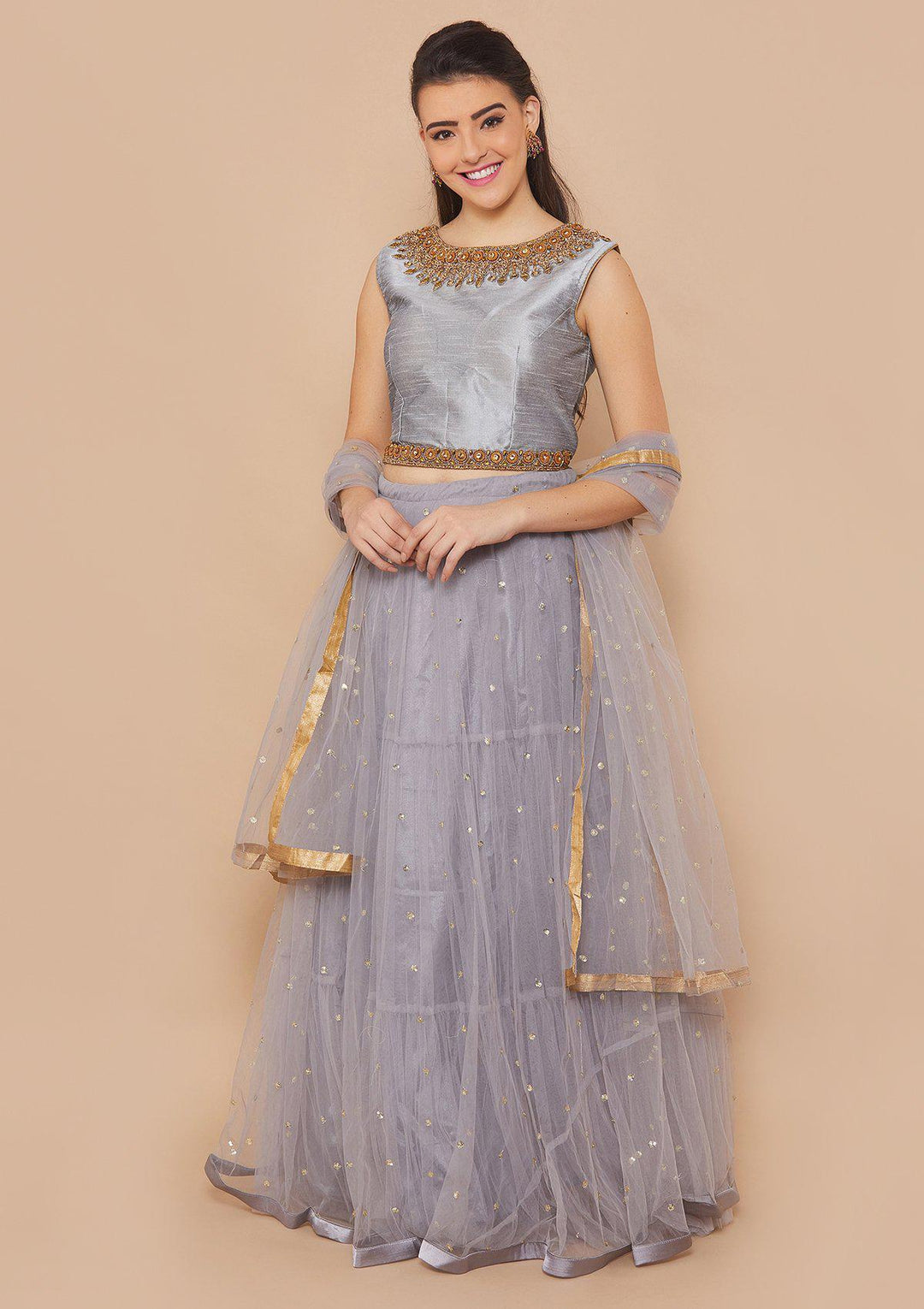 Grey Stonework Net Designer Lehenga-Koskii