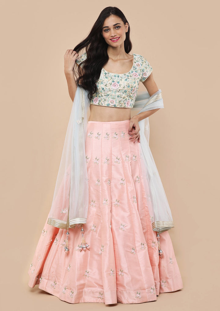 Peach Floral Thread Work Silk Designer Lehenga-Koskii