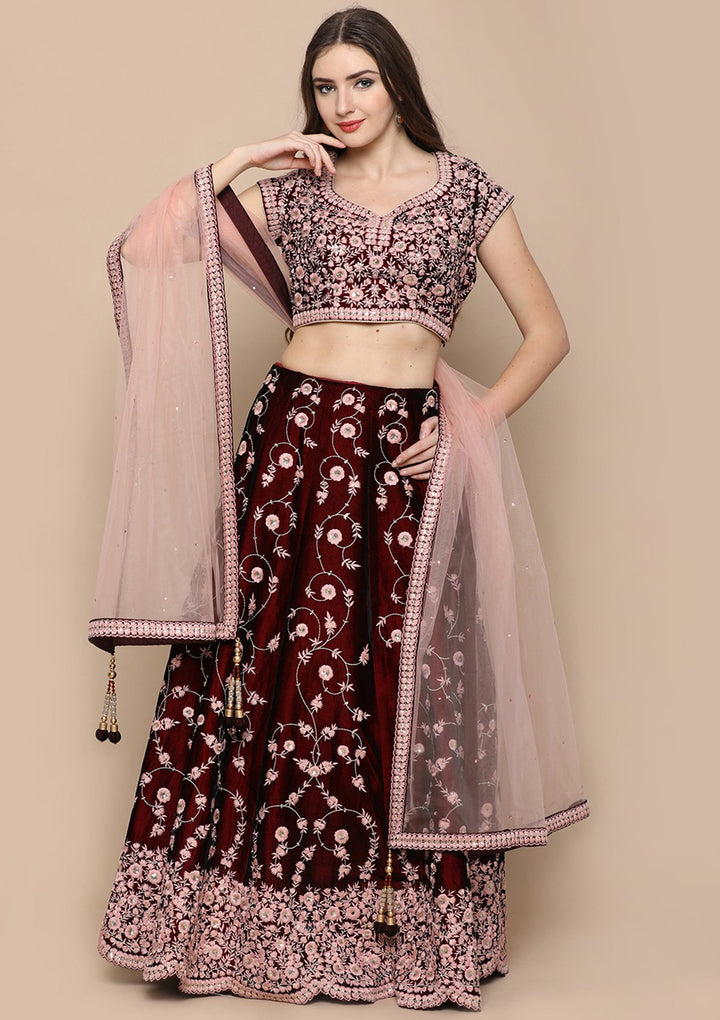 Pink Zari Work Velvet Designer Lehenga-Koskii