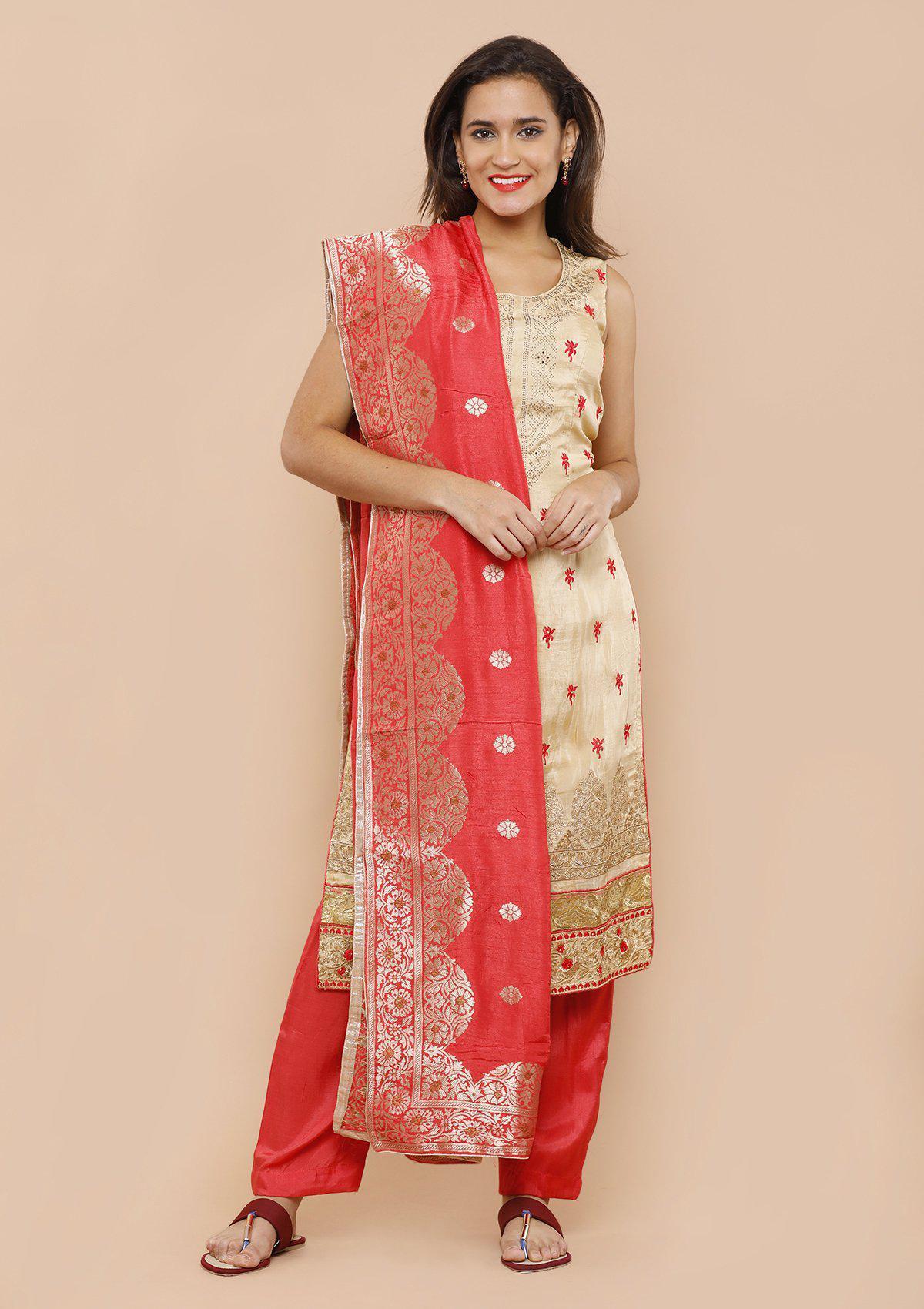 Beige and Red Silk Designer Salwar Suit-Koskii