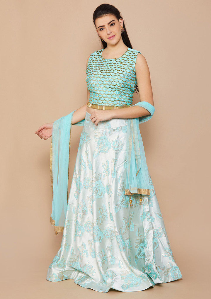 Ice Blue Cutdana Raw-silk Designer Lehenga-Koskii