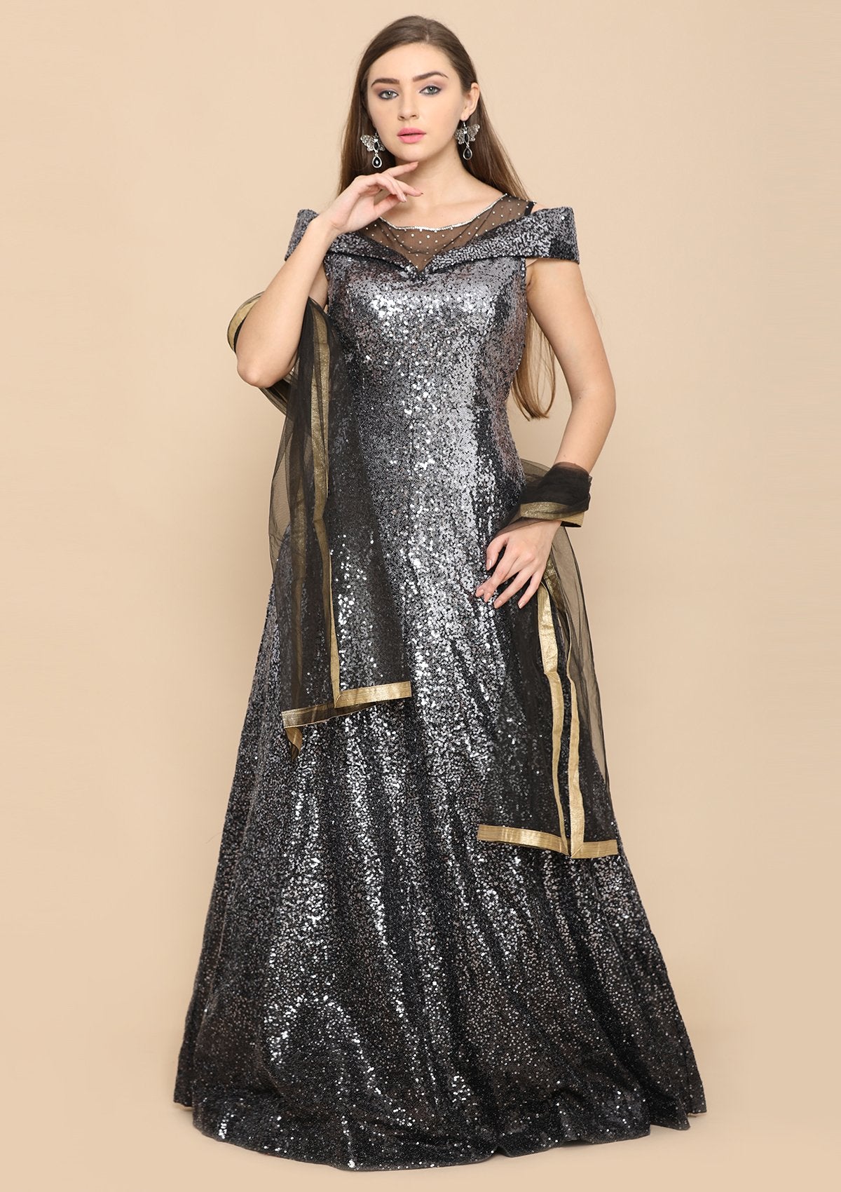 Black Sequinned Net Designer Gown-Koskii
